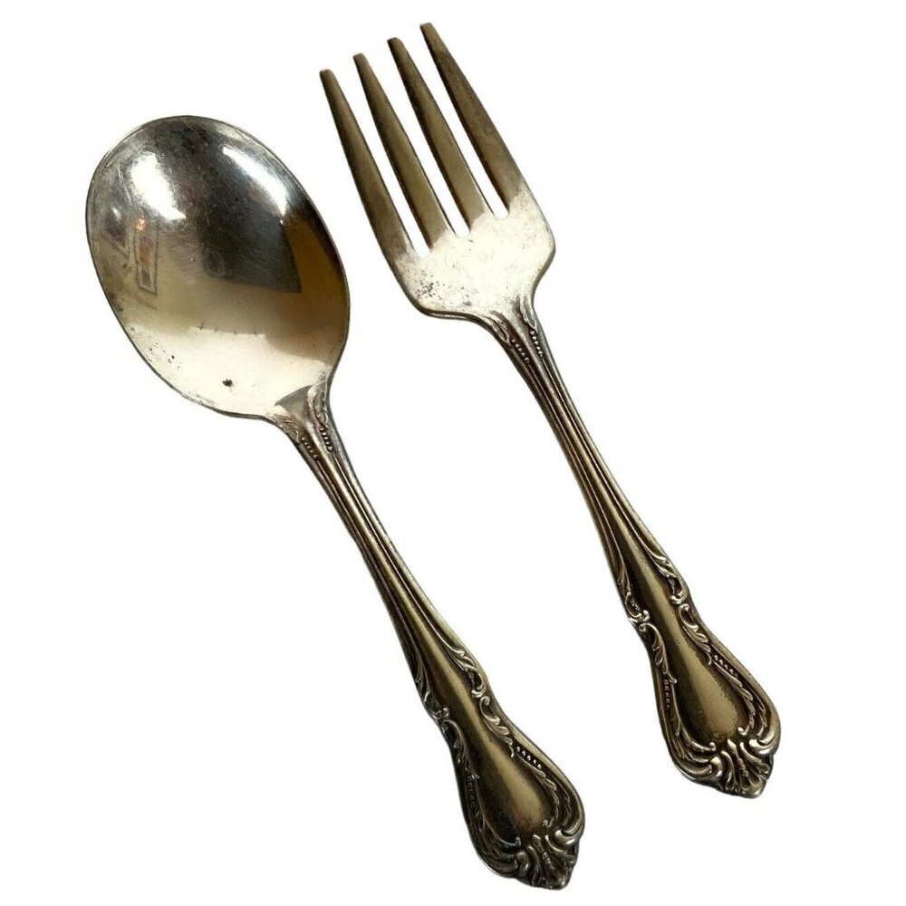 Wm Rogers Oneida Chalice Harmony Silverplate Baby Child Feeding Set Spoon Fork